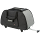 Stylische Tragetasche für Haustiere mit einem dunkelgrauen und hellgrauen Stoffdesign, mit einem ausziehbaren Griff und Rädern für einfachen Transport.