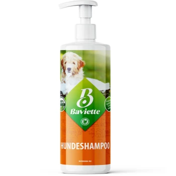 Weiße Pumpflasche des Hundeshampoos von Baviette mit Welpenfoto, grünem Diamantlogo und orangefarbener Aufschrift 'HUNDESHAMPOO'.