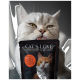Een pluizige grijze kat likt zijn lippen terwijl hij een pakket 'CAT'S LOVE' kattenvoer vasthoudt, met een foto van een oranje en witte kat.