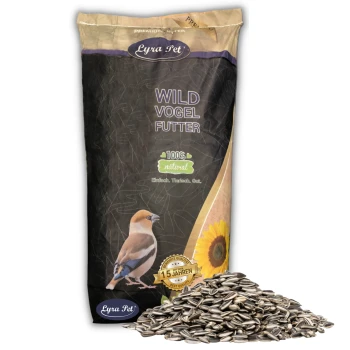 Eine Tüte Lyra Pet Wild Vogel Futter mit einer bunten Vogelillustration, "100% natürlich" und "10 Jahren Beste Qualität", plus Sonnenblumenkerne.