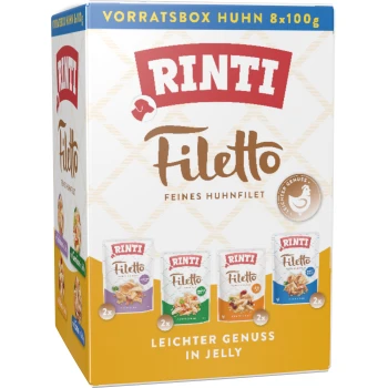 Rinti Filetto Hundefutter Sortimentspackung, Hähnchenfilet, 8x100g, leichter Genuss in Gelee, Verpackung mit vier Beutelbildern.