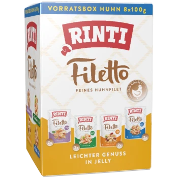 Rinti Filetto Hundefutter Sortimentspackung, Hähnchenfilet, 8x100g, leichter Genuss in Gelee, Verpackung mit vier Beutelbildern.