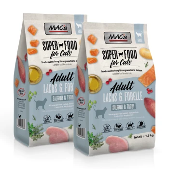 Cat Adult Trockenfutter Lachs & Forelle 2x1,5 kg Zwei Tüten von MAC's Super Food für Katzen, "Adult Lachs & Forelle," mit Bildern von Lachs und Forelle sowie Nährwertinformationen.