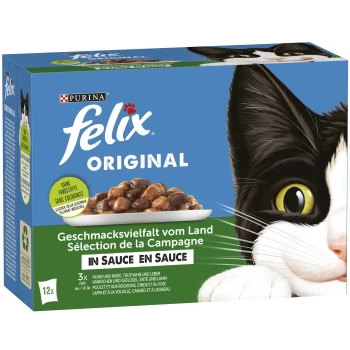Original Geschmacksvielfalt vom Land 12x85g in Sauce Eine Box mit Purina Felix Original Katzenfutter mit einer Nahaufnahme einer schwarz-weißen Katze, mit "Geschmackvielfalt vom Land" und "IN SAUCE."