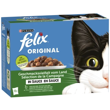 Eine Box mit Purina Felix Original Katzenfutter mit einer Nahaufnahme einer schwarz-weißen Katze, mit "Geschmackvielfalt vom Land" und "IN SAUCE."