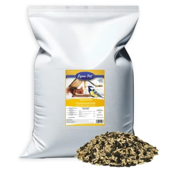 Silberner Vogelfutter-Sack beschriftet "Lyra Pet VOGELFUTER Sonnenblumenkerne Mix", mit einer Illustration von einer Blaumeise und einem Eichhörnchen mit gemischten Samen.
