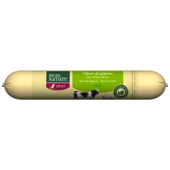 Real Nature Adult Haustierfutterrolle, beschriftet "Rind & Lamm mit Hüttenkäse", mit Bildern einer Kuh und eines Schafes.