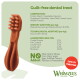 Brown toothbrush-shaped dog dental chew with text "Guilt-free dental treat", "NO Added" (meat, grains, wheat), "Low in Calories", Whimzees