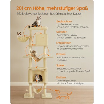 Ein 201 cm hoher Katzenbaum mit Plattformen, Verstecken, Kratzpfosten und Spielzeugen, auf dem drei Katzen spielen und sich ausruhen.