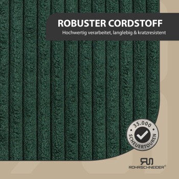 Dunkelgrüner Cordstoff-Musterausschnitt mit Banner ‚ROBUSTER CORDSTOFF‘ und Untertext ‚Hochwertig verarbeitet, langlebig & kratzresistent‘, Badge ‚35.000 Scheuertouren‘, ROHRSCHNEIDER-Logo