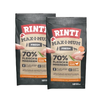 Zwei Beutel Rinti Max-I-Mum Fresh Haustierfutter, das 70% Fleisch und Innereien enthält, mit Text, der Zutaten und Vorteile hervorhebt.