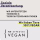 Bild, das soziale Verantwortung in einem Tiergeschäft fördert, mit Text über die Unterstützung von Tierheimen und einem PETA-zugelassenen veganen Logo.