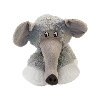 Jouet éléphant en peluche gris avec de grandes oreilles et une longue trompe, présentant des yeux cartoon et une texture douce.