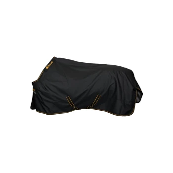 Schwarze Haustierdecke mit gelbem Rand, mit dem Bucas-Logo, entworfen für Wärme und Komfort.