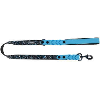 Schwarze und blaue gesprenkelte Hundeleine mit geflochtenem blauem Griff und Metallclip, beschriftet mit "KERBL Pet".