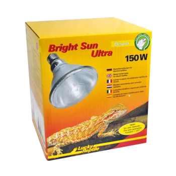 Box mit 'Bright Sun Ultra' 150W Lampe für Wüstenreptilien, ausgestattet mit einer reflektierenden Glühbirne und einer Abbildung eines Bartagamen an der Seite.