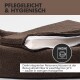 Braunes Haustierbett mit abnehmbarem Bezug, ausgestattet mit einem Reißverschluss für einfache Reinigung; der Text hebt das waschbare und hygienische Design hervor.