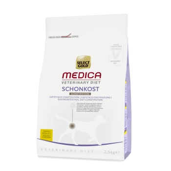 Medica Diététique Constipation Poulet 2,5 kg Sac de 2,5 kg de Select Gold Medica Veterinary Diet pour chiens, étiqueté pour le soutien contre la constipation avec des avantages diététiques multilingues.