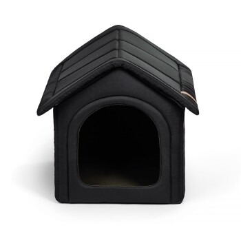 Schwarzes Haustierhaus mit einem geneigten Dach und einer offenen Vorderseite, entworfen für kleine Tiere, um einen gemütlichen Ruheplatz zu bieten.