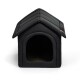 Schwarzes Haustierhaus mit einem geneigten Dach und einer offenen Vorderseite, entworfen für kleine Tiere, um einen gemütlichen Ruheplatz zu bieten.