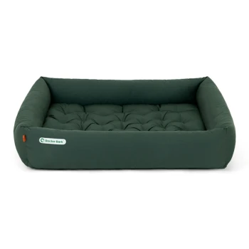 Grünes Haustierbett mit gestepptem Design und erhöhten Kanten, mit einem "Doctor Bark"-Logo an der Seite.