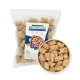 Haustierfutterverpackung mit Köttbullar (Huhn & Lachs mit Gemüse) in einer durchsichtigen Tüte, mit einer Schüssel Trockenfutter daneben.
