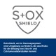 Graues S+OX SHIELD-Logo über deutschem Text: Entwickelt, um Struvit- und Calciumoxalat-Harnkristalle zu reduzieren.