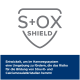 Graues S+OX SHIELD-Logo über deutschem Text: Entwickelt, um Struvit- und Calciumoxalat-Harnkristalle zu reduzieren.