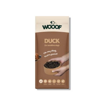 WOOOF DUCK Hundefuttertüte für empfindliche Hunde, Hände halten eine Schüssel mit Futter, Hundeschnauze und Text 'Oh my dog, that's goood!'