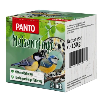 Verpackung von PANTO Meisenringe Vogelfutter mit einer Kohlmeise und einer Blaumeise auf grünem Hintergrund, beschriftet mit "3 Stück" und "Netto masse 150 g."