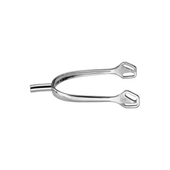 Ein glänzender Metallsporn mit einem gebogenen Design und zwei gezackten Enden, der typischerweise beim Reiten verwendet wird.