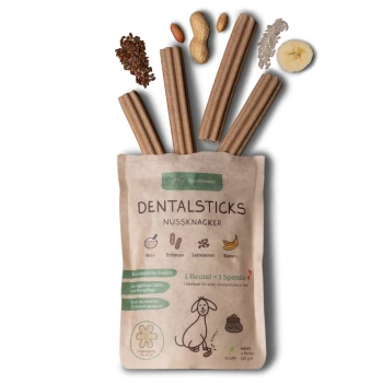 Nussknacker Dental Sticks – Für spielerische Zahnpflege 360 g Vegane Zahnsticks für Hunde, "DENTALSTICKS NUSSKNACKER," mit Reis, Erdnüssen, Leinsamen, Banane und einer Spendenbotschaft für Streuner.