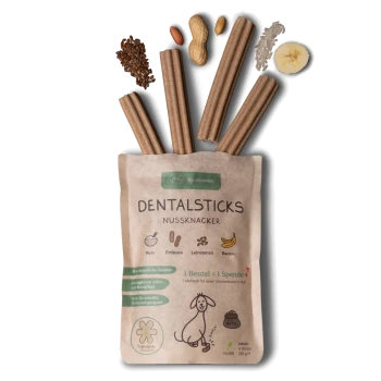 Vegane Zahnsticks für Hunde, "DENTALSTICKS NUSSKNACKER," mit Reis, Erdnüssen, Leinsamen, Banane und einer Spendenbotschaft für Streuner.