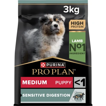 Puppy Medium Sensitive Digestion Lamm 3 kg Purina Pro Plan Medium Puppy Futter, 3kg Beutel, gekennzeichnet mit "Hoher Proteingehalt" und "Empfindliche Verdauung", mit Lamm als Hauptzutat.
