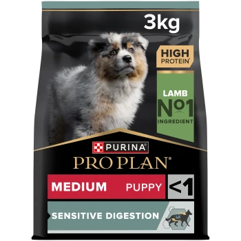 Purina Pro Plan Medium Puppy Futter, 3kg Beutel, gekennzeichnet mit "Hoher Proteingehalt" und "Empfindliche Verdauung", mit Lamm als Hauptzutat.