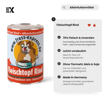 Dose Hundefutter mit Cartoon-Bulldogge, Etikett 'Fleischtopf Rind', Panel mit der Aufschrift '70% Fleisch & Innereien' und 'Made in Germany'.