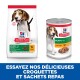 Nourriture pour chiots Hill's Science Plan : un sac de croquettes sèches et une boîte de nourriture humide "Poulet," avec un texte français faisant la promotion des produits.
