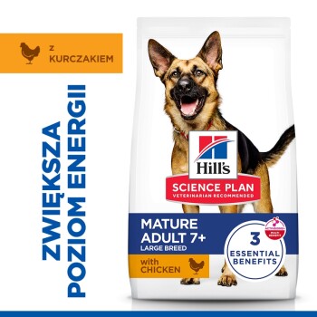 Opakowanie karmy Hill's Science Plan — Dojrzały dorosły 7+ duże rasy z kurczakiem; '3 podstawowe korzyści' oraz pionowy napis 'ZWIĘKSZA POZIOM ENERGII'
