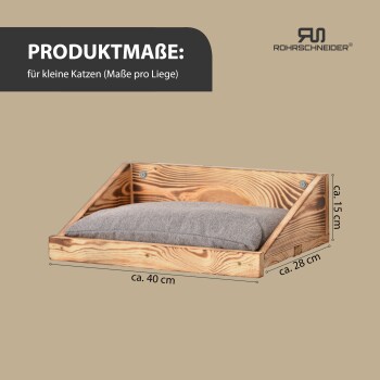 Holzkatzenbett mit einem grauen Kissen, Abmessungen beschriftet: ca. 40 cm breit, 28 cm tief und 15 cm hoch, geeignet für kleine Katzen.