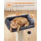 Ein gemütliches graues Katzenbett mit den Abmessungen: 40 cm breit, 30 cm tief und 9 cm hoch, mit einem verspielten, baumelnden Ball.