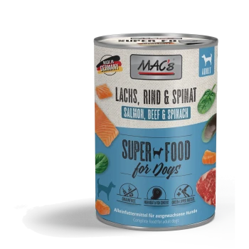 Blik MAC's Super Food voor honden met zalm, rundvlees, spinazie, graanvrij, hoog vlees- en visgehalte, gemaakt in Duitsland.