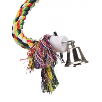 Buntes geflochtenes Seilspielzeug für Haustiere mit einer Glocke und ausgefransten Enden, entworfen für interaktives Spielen.