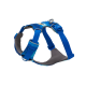 Blaues Hundegeschirr mit einem Camouflage-Muster, mit verstellbaren Riemen und einem Metall-D-Ring zur Leinenbefestigung.