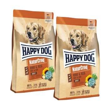 Zwei Säcke Happy Dog NaturCroq Erwachsenen-Hundefutter, Rind & Reis Geschmack, hergestellt in Deutschland, mit Bild eines Golden Retrievers.