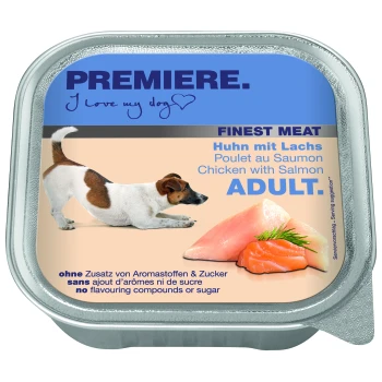 Metal dog food container labeled "PREMIERE. I love my dog" with images of chicken and salmon, stating "Finest Meat," "Adult," and no additives.