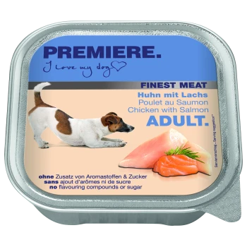 Metall-Hundefutterbehälter beschriftet "PREMIERE. Ich liebe meinen Hund" mit Bildern von Huhn und Lachs, die "Feinstes Fleisch," "Erwachsene" und keine Zusatzstoffe angeben.
