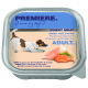 Metall-Hundefutterbehälter beschriftet "PREMIERE. Ich liebe meinen Hund" mit Bildern von Huhn und Lachs, die "Feinstes Fleisch," "Erwachsene" und keine Zusatzstoffe angeben.