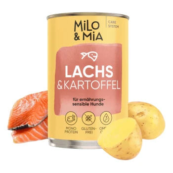 Dosen-Hundefutter "Milo & Mia" mit Lachs und Kartoffel, mit einem Cartoon-Hund und Hervorhebungen: "Erwachsenenhund", "Immunsystem-Booster" und mehr.