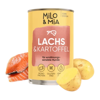 Dosen-Hundefutter "Milo & Mia" mit Lachs und Kartoffel, mit einem Cartoon-Hund und Hervorhebungen: "Erwachsenenhund", "Immunsystem-Booster" und mehr.