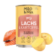 Dosen-Hundefutter "Milo & Mia" mit Lachs und Kartoffel, mit einem Cartoon-Hund und Hervorhebungen: "Erwachsenenhund", "Immunsystem-Booster" und mehr.
